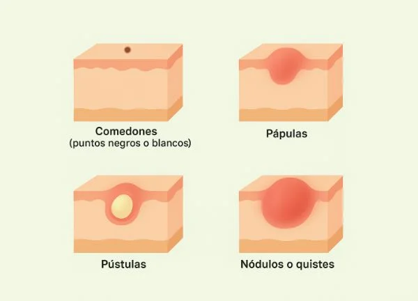 lesiones en acne - comedones, pustulas, papulas, nodulos y quistes